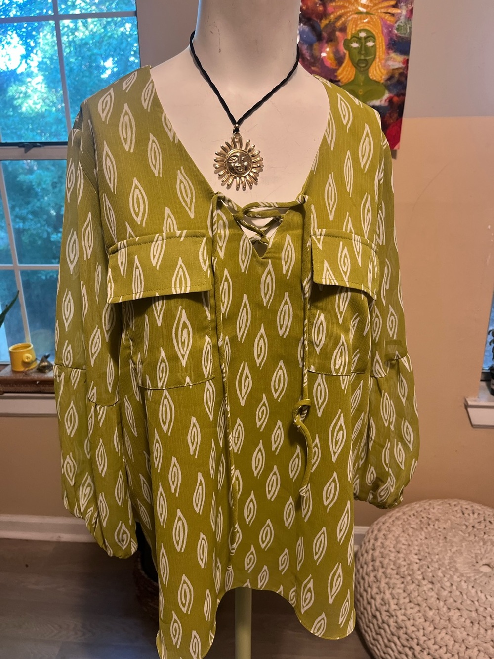 Olive Green Printed Tie-Neck Women's Top boho artsy